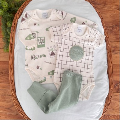 CONJ. DE MALHA 3 PEÇAS - Aviãozinho O Tempo Voa - Verde e Off White