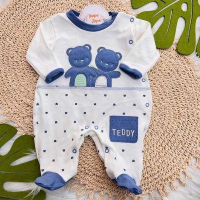 Macacão Trape Zape - Ursinhos Teddy - Off White e Azul Jeans