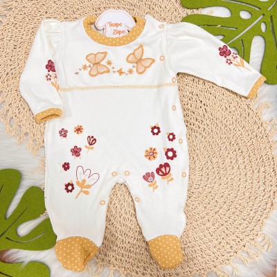 Macacão Trape Zape  - Borboleta com Flores - Mostarda e Off White