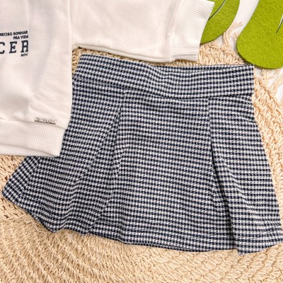 Inverno 2025 - Conj. Casaco Florescer e Short Saia Xadrez - Off White e Preto