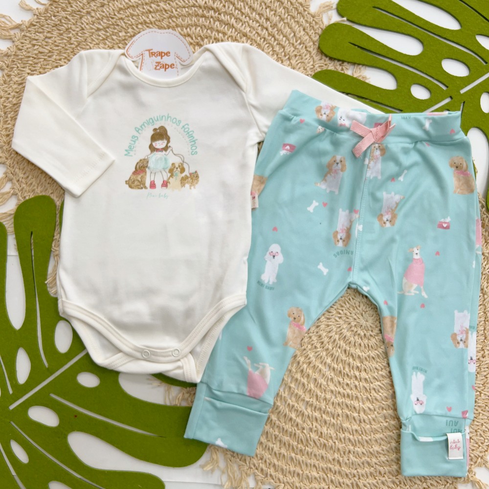 Inverno 2025 - Conjunto Meus Amiguinhos Fofinhos Body em Malha e Calça Térmica  - Menta 