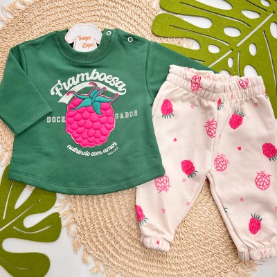 Inverno 2025 - Conj. Blusa Framboesa e Calça em Moletom - Verde e Areia