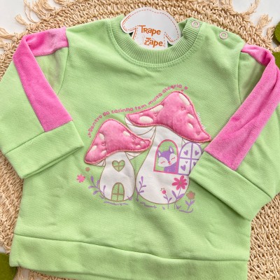 Inverno 2025 - Conj. Blusa Cogumelos "Dentro da Casinha tem Muita Alegria" e Calça em Moletom - Verde e Rosa