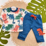 Inverno 2025 - Conj. Blusa Dinos e Calça em Moletinho - Azul Jeans e Laranja