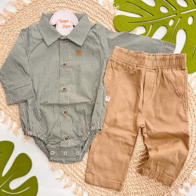  Inverno 2025 - Conj. Body Camisa Xadrez e Calça - Verde e Marrom