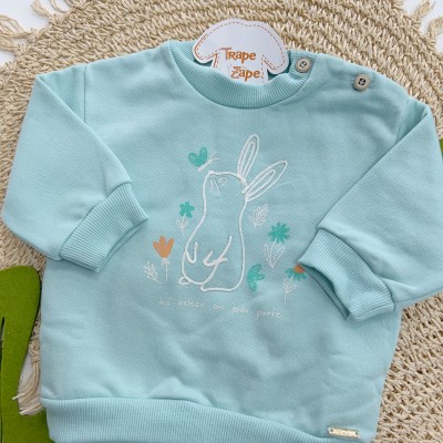 Inverno 2025 - Conjunto Coelhinho com Borboleta Casaco Moletom e Calça em Malha Térmica - Menta 