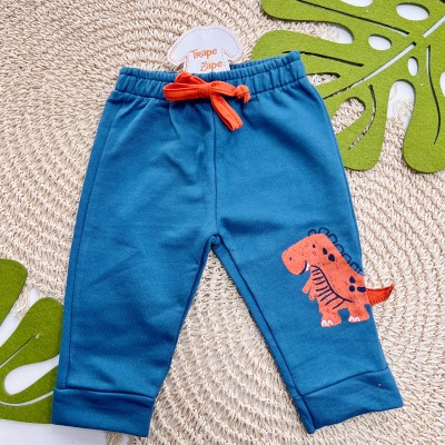 Inverno 2025 - Conj. Blusa Dinos e Calça em Moletinho - Azul Jeans e Laranja