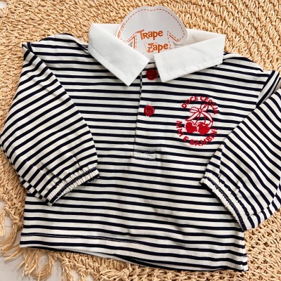 Inverno 2025 - Conj. Blusa Listrada Doce Cereja e Short Saia Canelada - Marinho e Vermelho