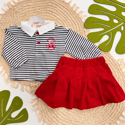 Inverno 2025 - Conj. Blusa Listrada Doce Cereja e Short Saia Canelada - Marinho e Vermelho