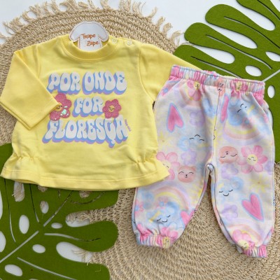 Inverno 2025 - Conjunto Por Onde For Floresça Casaco e Calça em Moletinho - Amarelo