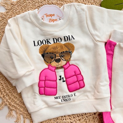  Inverno 2025 - Conj. Casaco Look do Dia e Calça em Moletom- Off White e Pink