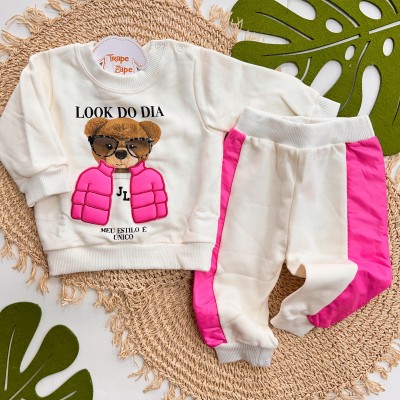  Inverno 2025 - Conj. Casaco Look do Dia e Calça em Moletom- Off White e Pink