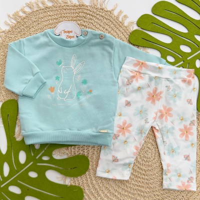 Inverno 2025 - Conjunto Coelhinho com Borboleta Casaco Moletom e Calça em Malha Térmica - Menta 