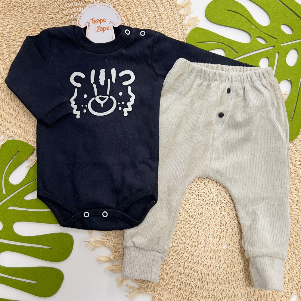 Inverno 2025 - Conj. Body Urso e Calça em Plush Canelado - Preto