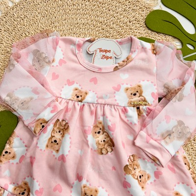 Inverno 2025 - Vestido Ursinha Mamãe com Tule - Rosa 