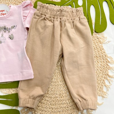 Inverno 2025 - Conjunto Borboletinhas Blusa de Malha, Calça Moletom e Faixinha de Laço - Rosa com Bege 