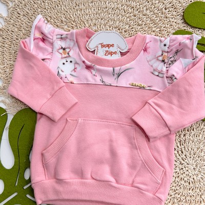 Inverno 2025 - Conjunto Ursinha com Flor Babadinhos Casaco e Calça - Rosa 