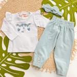 Inverno 2025 - Conjunto Borboletinhas Blusa de Malha, Calça Moletom e Faixinha de Laço - Menta 