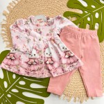 Inverno 2025 - Conjunto Ursinha com Flor Blusa com Botões e Calça Legging - Rosa 