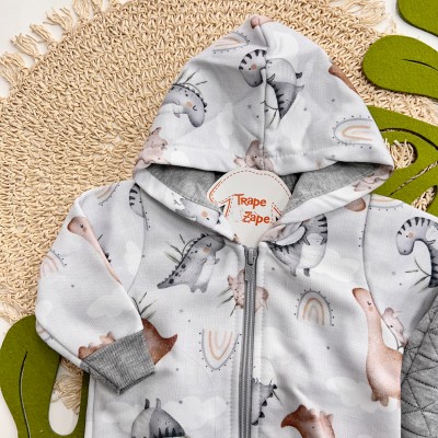 Inverno 2025 - Conjunto Dinos nas Nuvens Jaqueta com Capuz e Calça - Cinza