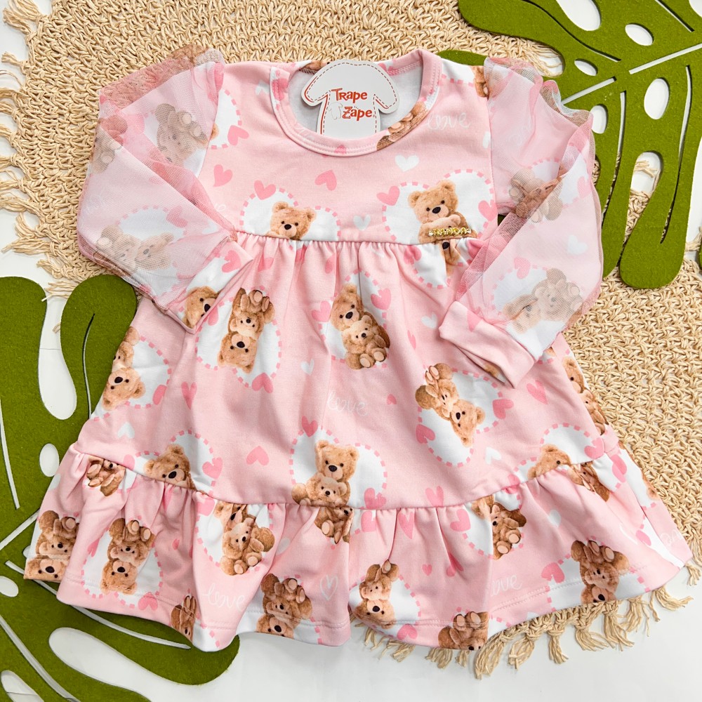 Inverno 2025 - Vestido Ursinha Mamãe com Tule - Rosa 