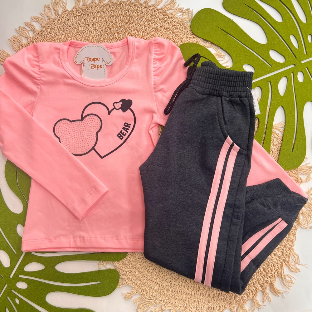 Inverno 2025 - Conj. Blusa Bear Coração e Calça em Moletom - Rosa e Preto