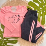 Inverno 2025 - Conj. Blusa Bear Coração e Calça em Moletom - Rosa e Preto