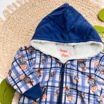 Inverno 2025 - Conjunto Ursinho em Xadrez Jaqueta com Capuz Pelinhos e Calça Moletom - Azul 