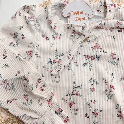 Inverno 2025 - Conj. Blusa Canelada Floral e Calça em Moletom - Rose e Off White