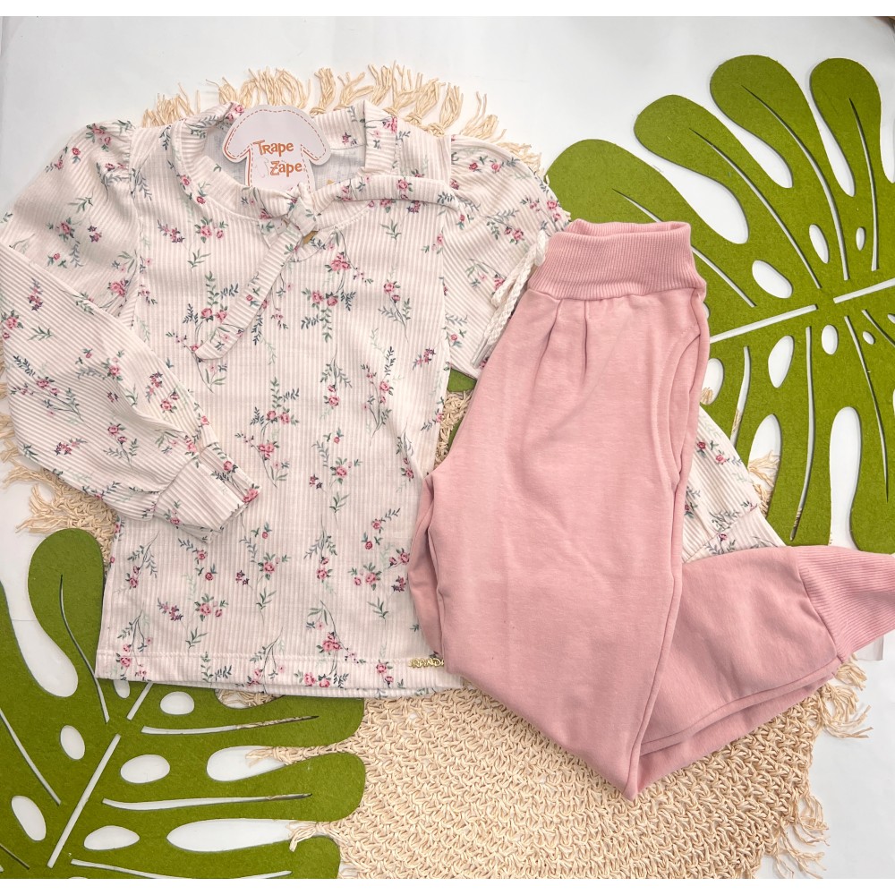 Inverno 2025 - Conj. Blusa Canelada Floral e Calça em Moletom - Rose e Off White