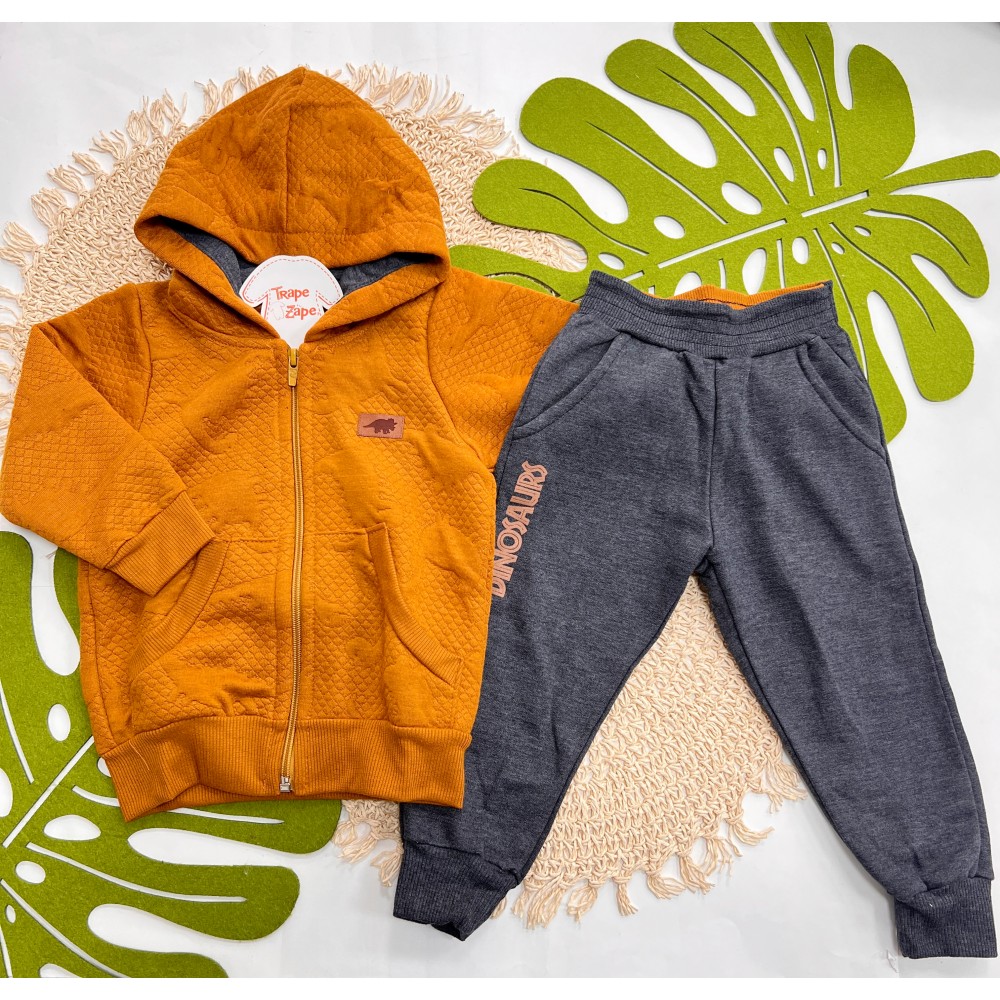 Inverno 2025 - Conjunto Dinosaurs Jaqueta com Capuz e Calça - Laranja 