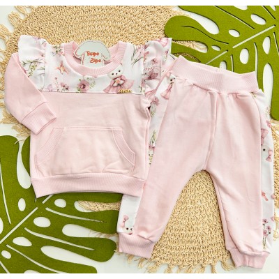 Inverno 2025 - Conjunto Ursinha com Flor Babadinhos Casaco e Calça - Rosa Claro