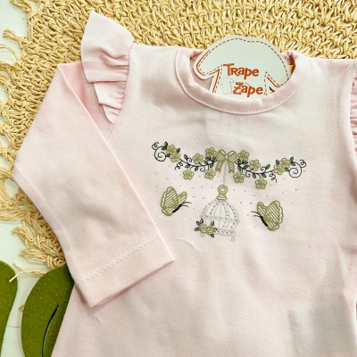 Inverno 2025 - Conjunto Borboletinhas Blusa de Malha, Calça Moletom e Faixinha de Laço - Rosa com Bege 