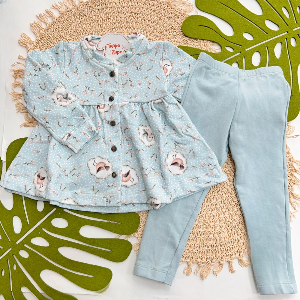 Inverno 2025 - Conjunto Passarinhas Blusa com Botões e Calça Legging - Menta 