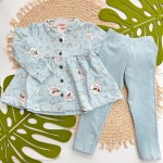 Inverno 2025 - Conjunto Passarinhas Blusa com Botões e Calça Legging - Menta 