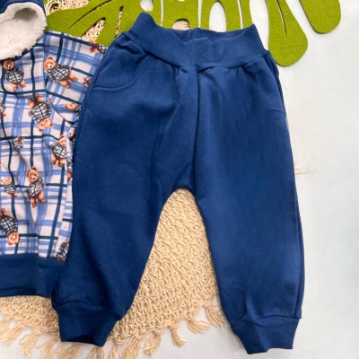 Inverno 2025 - Conjunto Ursinho em Xadrez Jaqueta com Capuz Pelinhos e Calça Moletom - Azul 