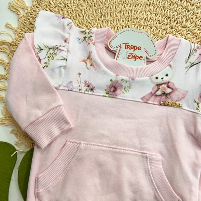 Inverno 2025 - Conjunto Ursinha com Flor Babadinhos Casaco e Calça - Rosa Claro