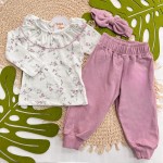 Inverno 2025 - Conjunto Florzinhas Blusa de Malha Canelada, Calça Moletom e Faixinha de Laço - Lilás  