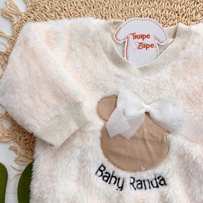 Inverno 2025 - Conjunto Ursinha Baby com Laço Casaco em Pelinhos e Calça Moletom - Bege 