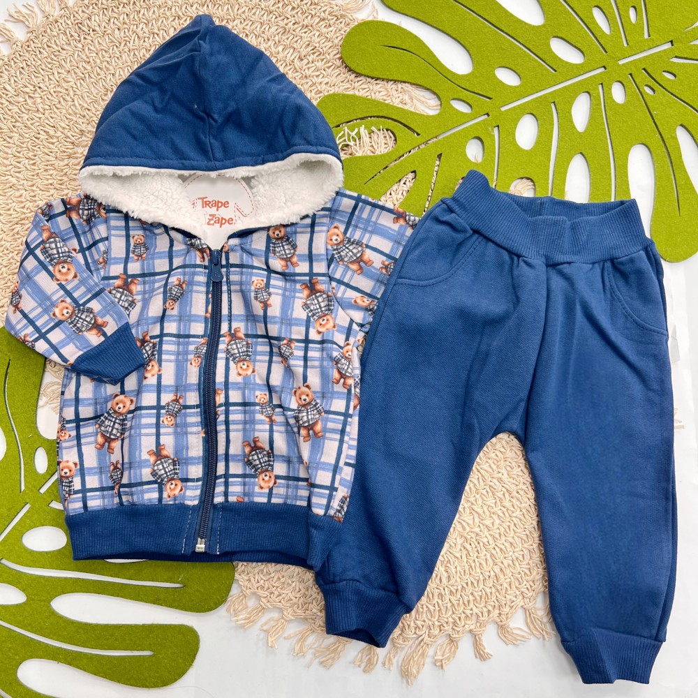 Inverno 2025 - Conjunto Ursinho em Xadrez Jaqueta com Capuz Pelinhos e Calça Moletom - Azul 