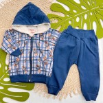 Inverno 2025 - Conjunto Ursinho em Xadrez Jaqueta com Capuz Pelinhos e Calça Moletom - Azul 