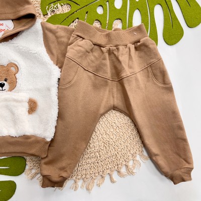 Inverno 2025 - Conjunto Ursinho no Bolso Casaco com Capuz e Calça Moletom - Marrom 
