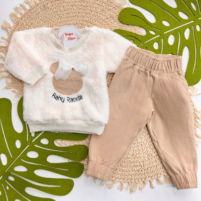 Inverno 2025 - Conjunto Ursinha Baby com Laço Casaco em Pelinhos e Calça Moletom - Bege 