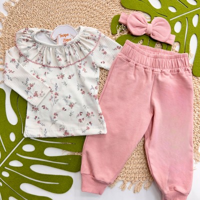 Inverno 2025 - Conjunto Florzinhas Blusa de Malha Canelada, Calça Moletom e Faixinha de Laço - Rosa