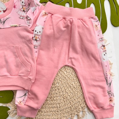 Inverno 2025 - Conjunto Ursinha com Flor Babadinhos Casaco e Calça - Rosa 