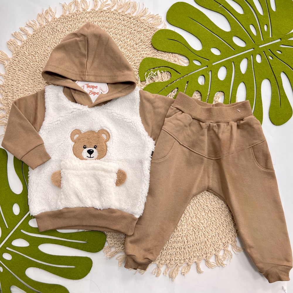 Inverno 2025 - Conjunto Ursinho no Bolso Casaco com Capuz e Calça Moletom - Marrom 