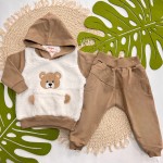 Inverno 2025 - Conjunto Ursinho no Bolso Casaco com Capuz e Calça Moletom - Marrom 