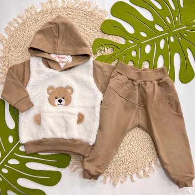 Inverno 2025 - Conjunto Ursinho no Bolso Casaco com Capuz e Calça Moletom - Marrom 