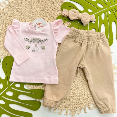 Inverno 2025 - Conjunto Borboletinhas Blusa de Malha, Calça Moletom e Faixinha de Laço - Rosa com Bege 