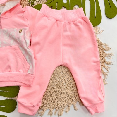 Inverno 2025 - Conjunto Folhagem Casaco com Capuz Pelinhos e Calça Moletom - Rosa 